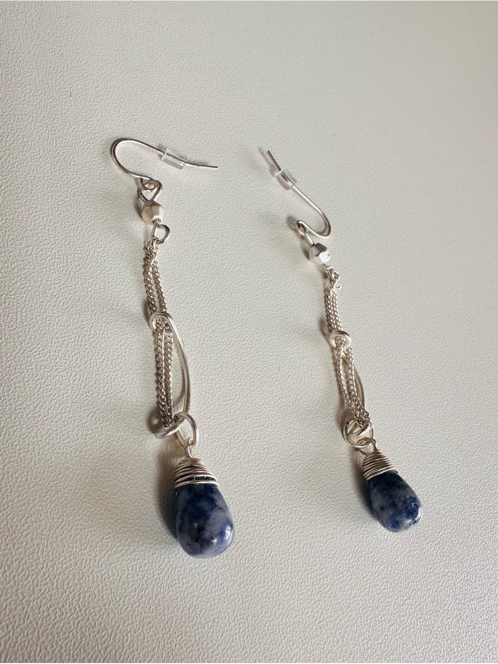 Silver tone Drop Earrings with Blue Stone Dangles